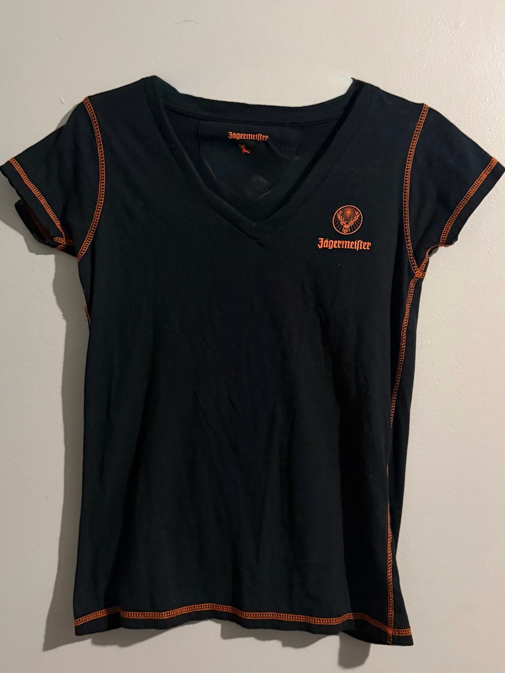Jägermeister Black V-Neck Graphic Logo Tee Orange Contrast Fitted Tee Shirt